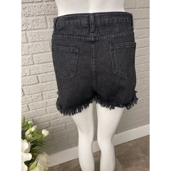 SHEIN Black Distressed Raw Hem Denim Shorts Size S - Picture 2 of 8